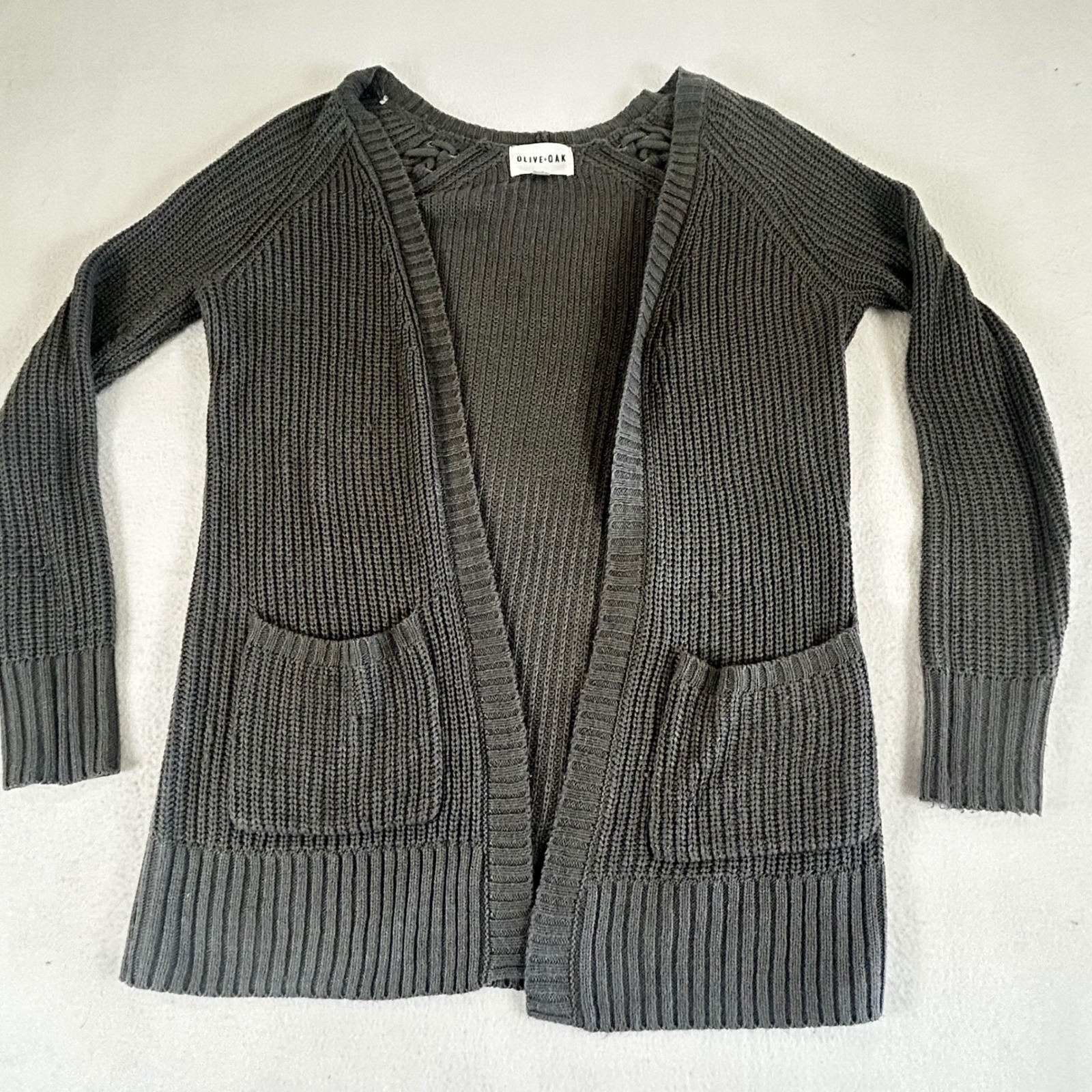 Olive + Oak Womens Gray Lace Up Shoulder Shaker Knit Open Front Cardigan Small